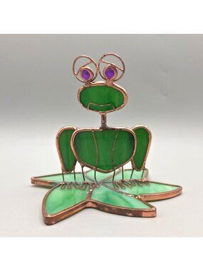 Vintage Handmade Stained Glass Frog Bobble Head Figurine Lily Pad Slag Glass Art